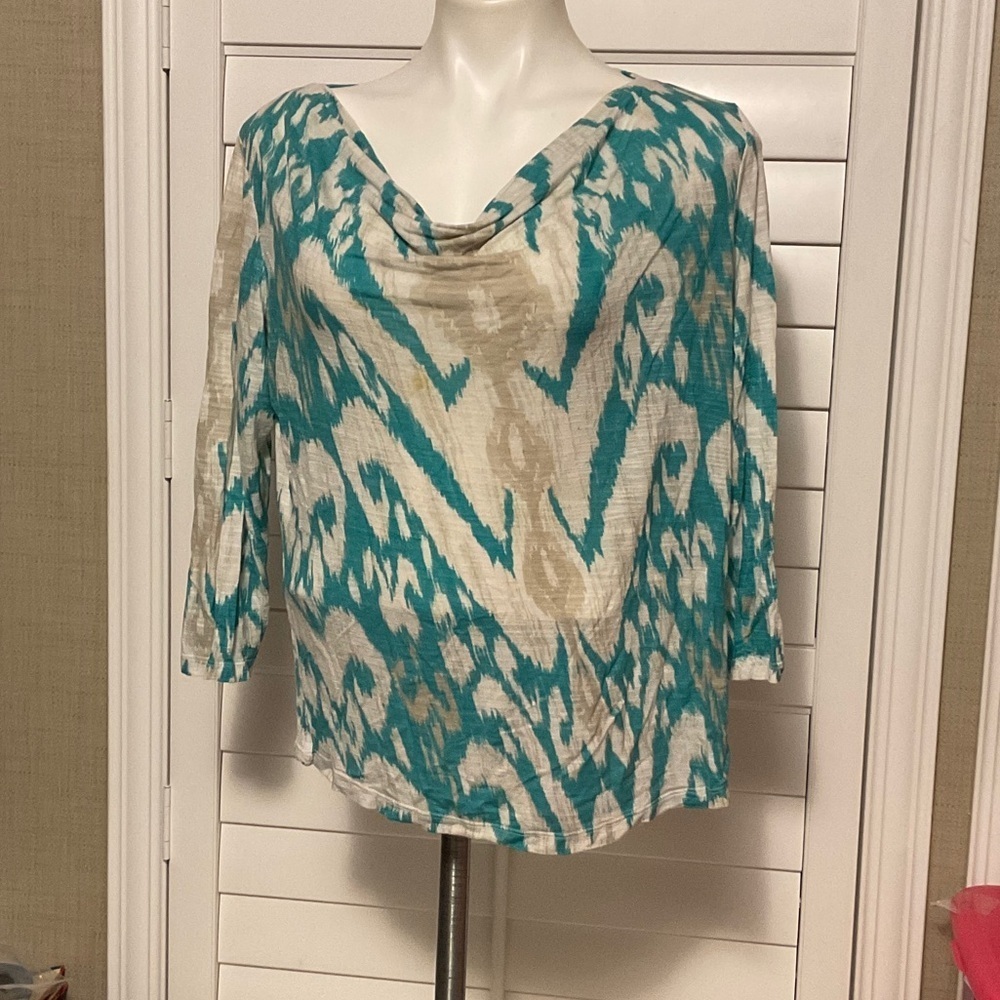 Chico's Teal and Beige Patterned Blouse